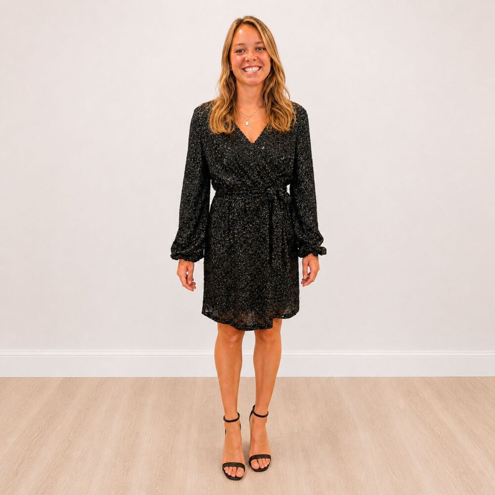 NWT LOFT Black Sequin Wrap Dress Size 6 Tie Waist Holiday Party